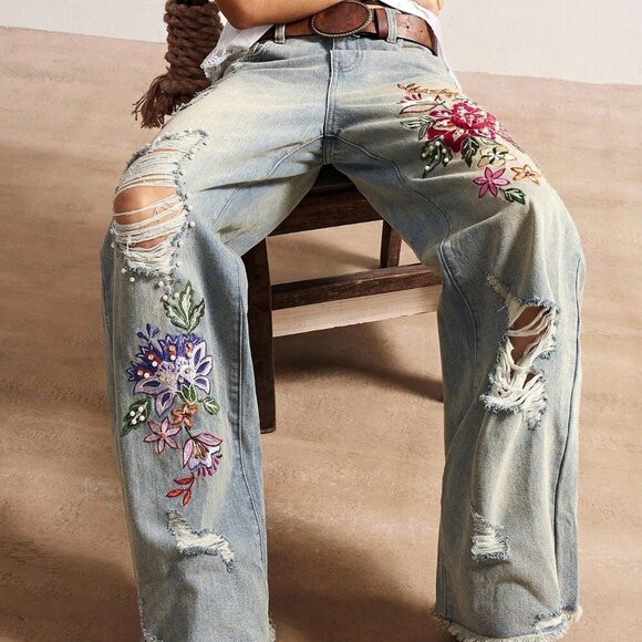 Casual Women's Boho Woven Embroidered Beaded detailed Jeans - Picture 1 of 8